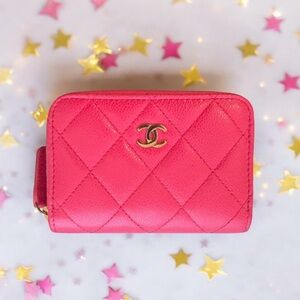 💕CHANEL Zip Coin Purse Wallet Quilted Hot Pink CAVIAR CC Logo Gold-Tone Hardware